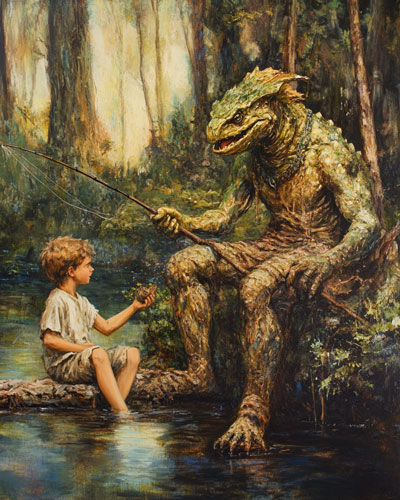 Lizard Man of Scape Ore Swamp Fishing – Mythical Beasts Wall Art